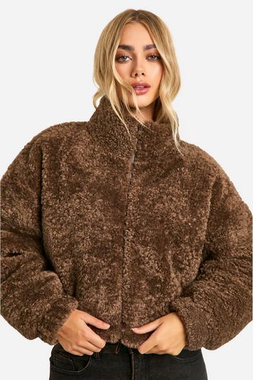 Boxy Curly Teddy Bomber Jacket chocolate