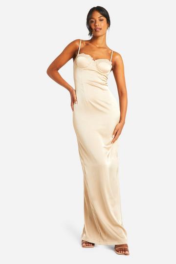 Champagne Beige Tall Satijnen Maxi Jurk Met Kanten Cups