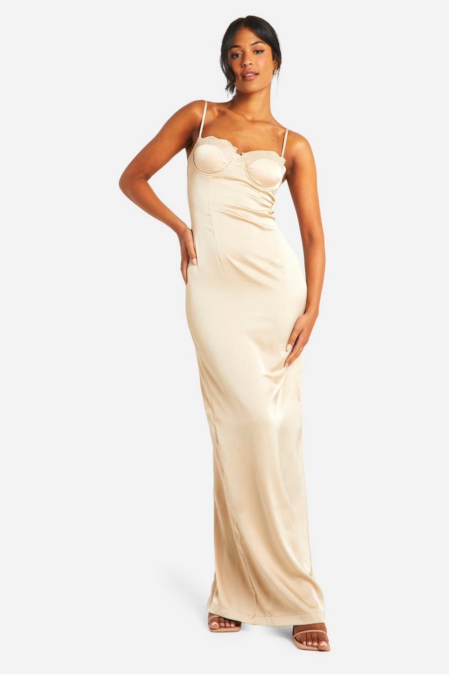 Champagne Tall Satin Lace Cup Maxi Dress image number 1