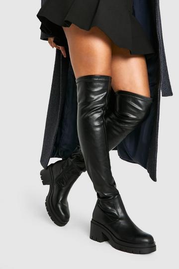 Black Wide Width Lug Over The Knee Pu Boots