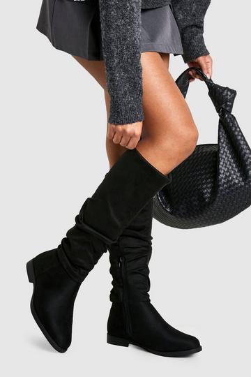 Black Wide Fit Ruched Knee High Boots