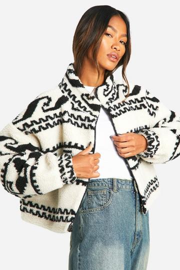 Cream White Aztec Print Teddy Jacket