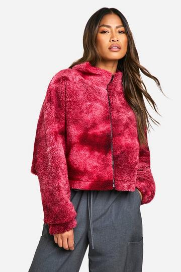 Red Boxy Tie Dye Print Teddy Bomber Jacket