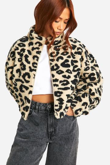 Multi Boxy Leopard Print Teddy Bomber Jacket