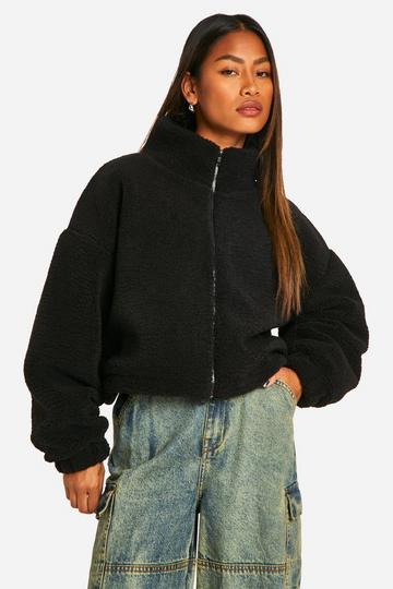 Black Boxy Teddy Bomber Jacket