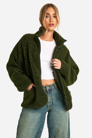 Khaki Textured Oversized Teddy Zip Up Jacket