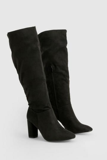 Wide Fit Faux Suede Block Heel Knee High Boots black