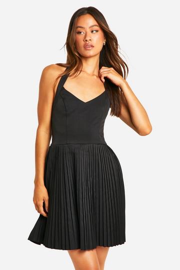 Black Tall Pleated Skirt Halter Mini Dress