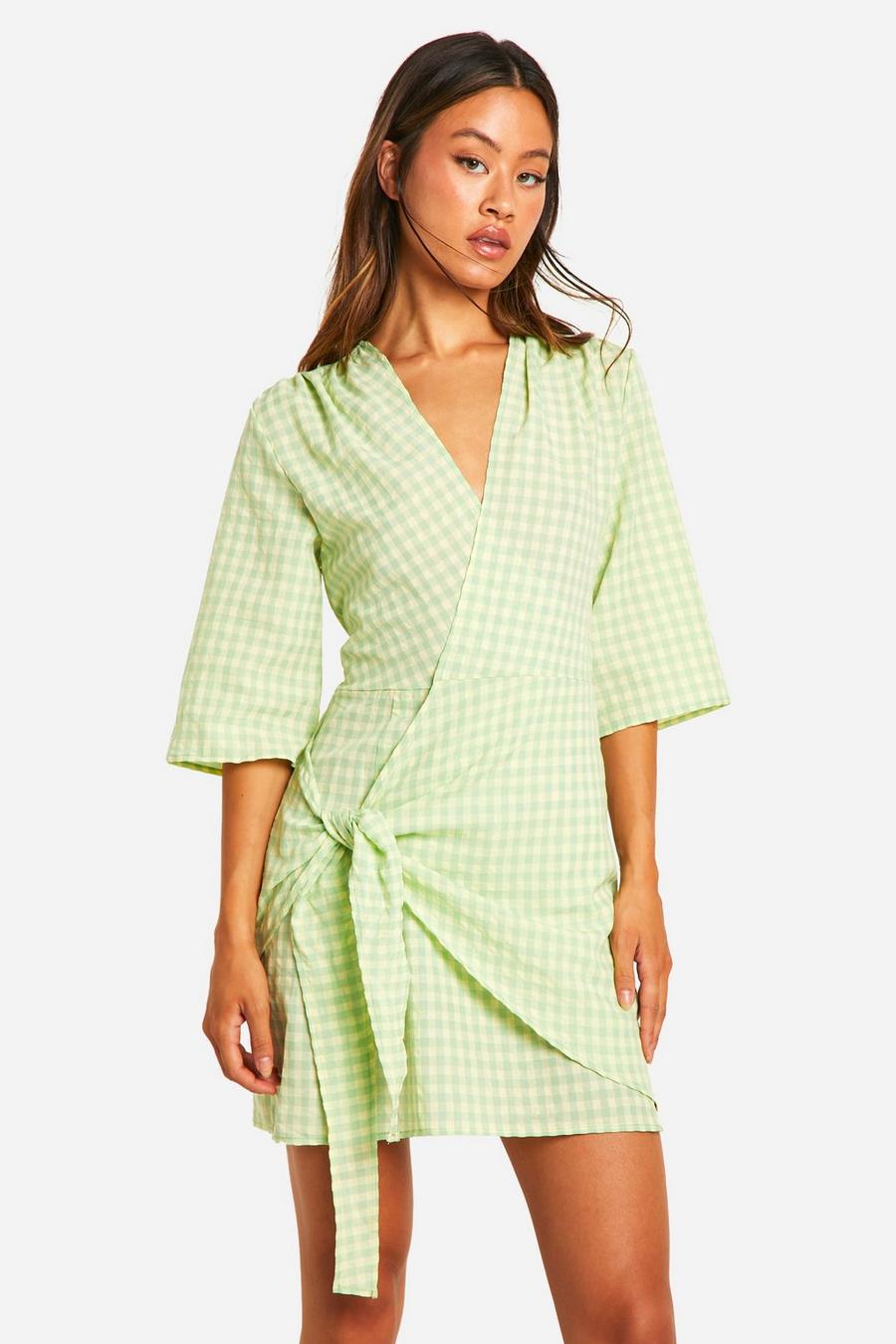Green Tall Textured  Gingham Wrap Dress
