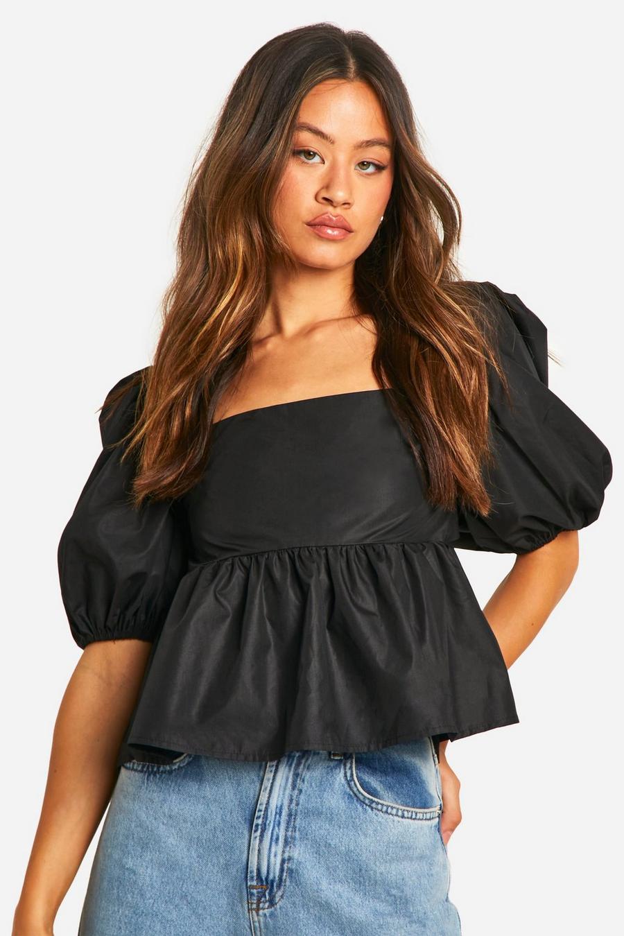 Black Tall Puff Sleeve Strappy Back Top image number 1