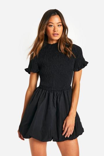 Tall Shirred Short Sleeve Puff Sleeve Mini Dress black