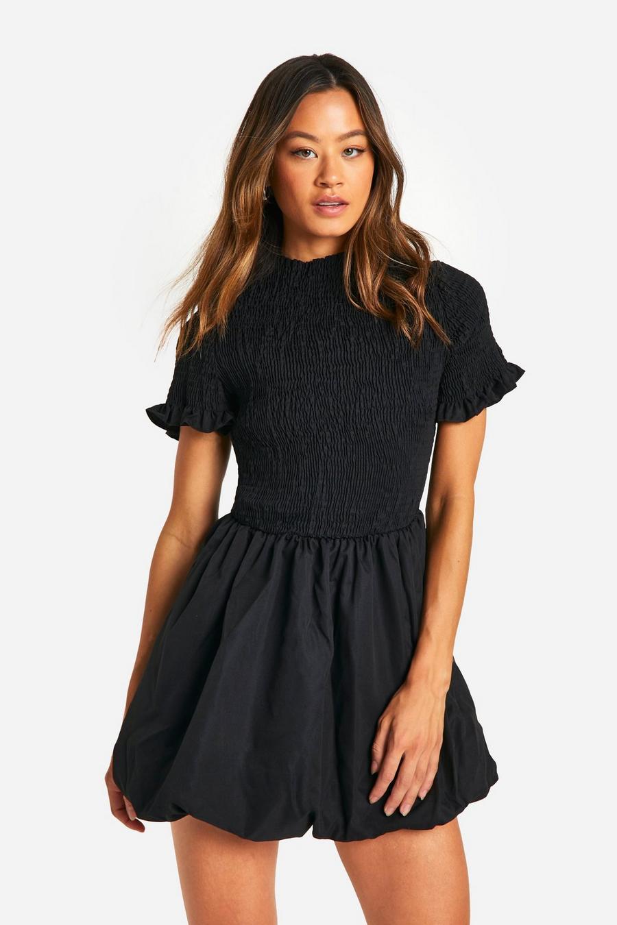 Black Tall  Shirred Short Sleeve Puff Sleeve Mini Dress image number 1