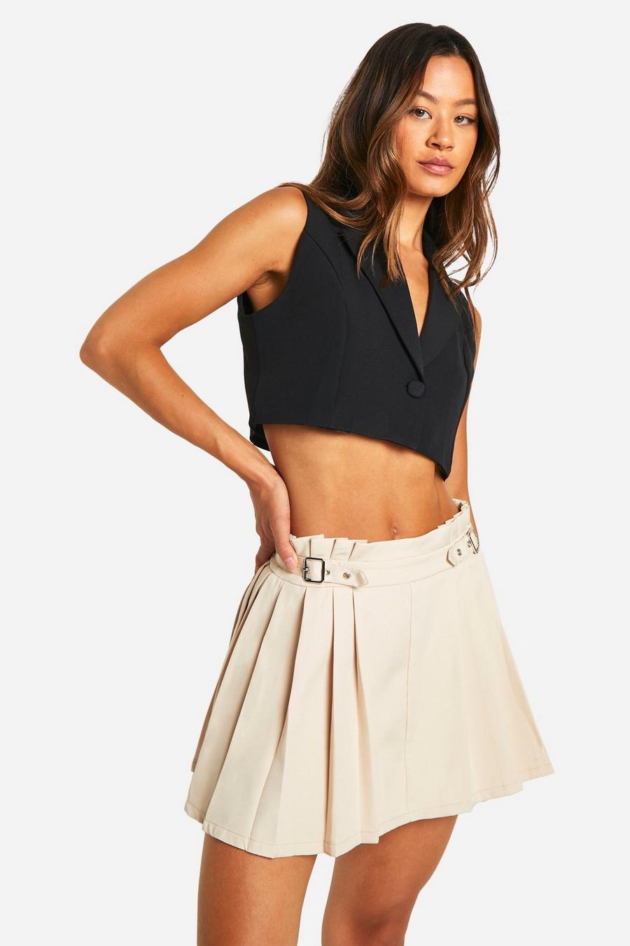 Stone Tall Pleated Skort With Buckle Detail  image number 1