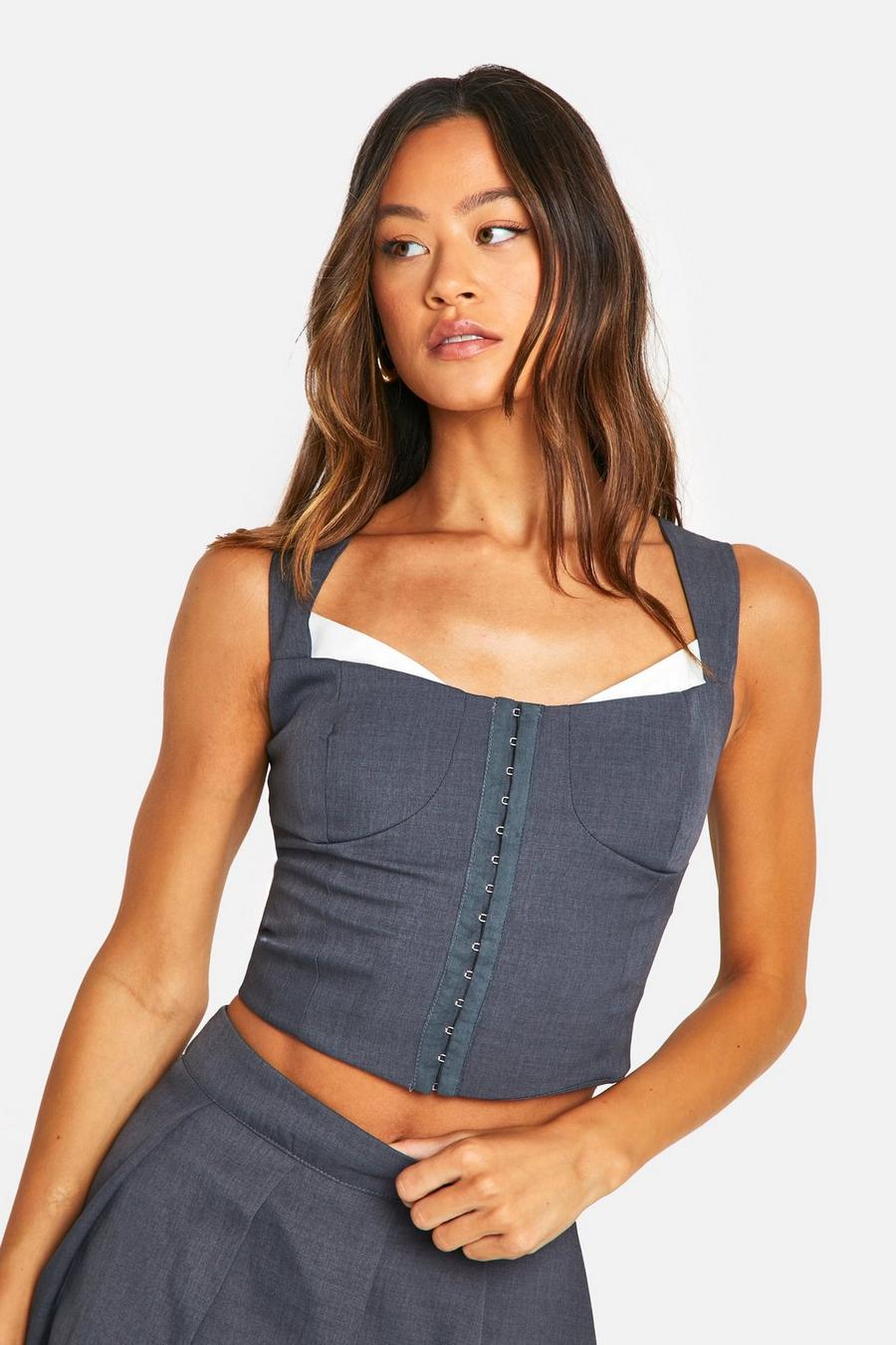 Grey Tall Contrast Detail Hook And Eye Corset Top image number 1