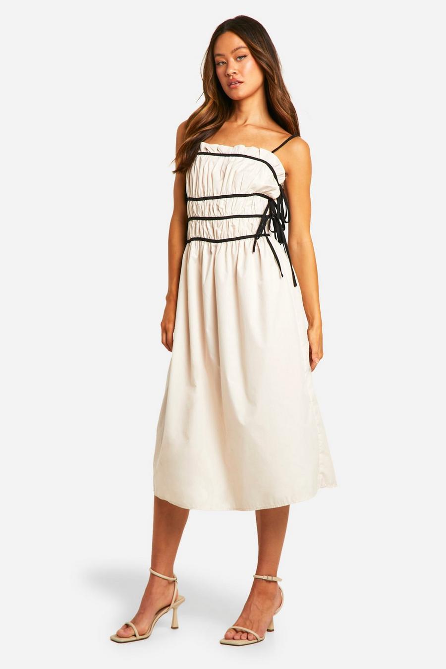 Cream Tall Contrast Shirred Waist Midi Dress