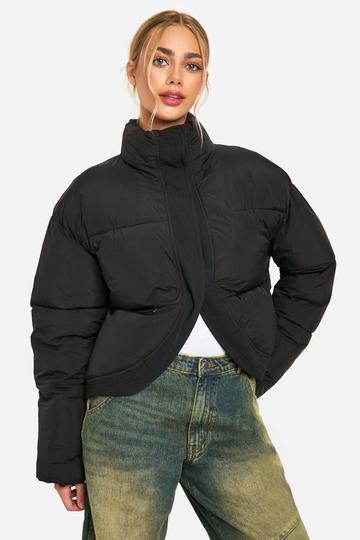 Black Curved Hem Puffer Jacket