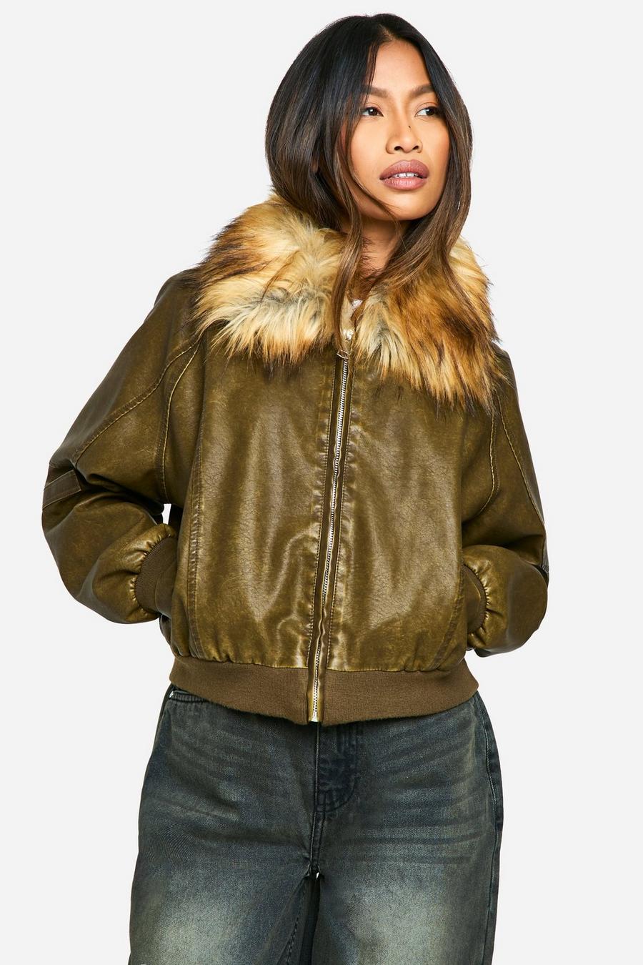 Faux Fur Collar Vintage Look Faux Leather Bomber Jacket Faux Fur Collar Vintage Look Faux Leather Bomber Jacket