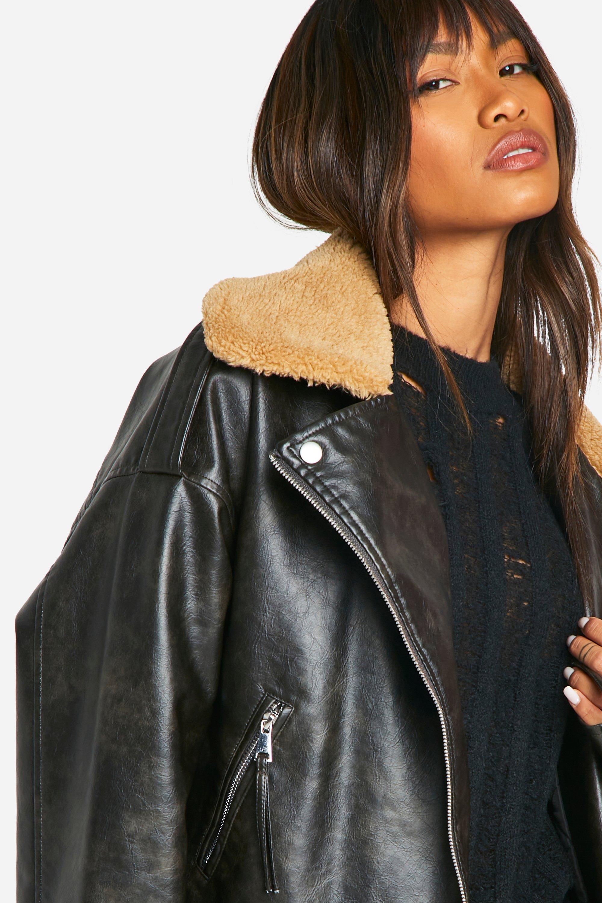 Black faux leather jacket with fur collar best sale