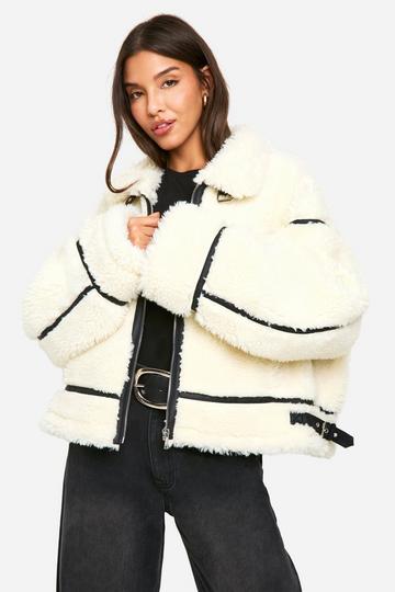 Faux Fur Teddy Aviator Jacket cream