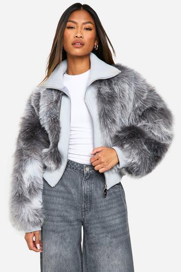 Rib Detail Faux Fur Cropped Jacket grey