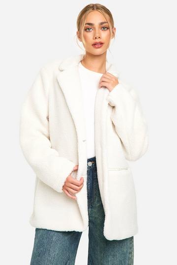 Ecru Wit Oversized Faux Fur Teddy Blazer