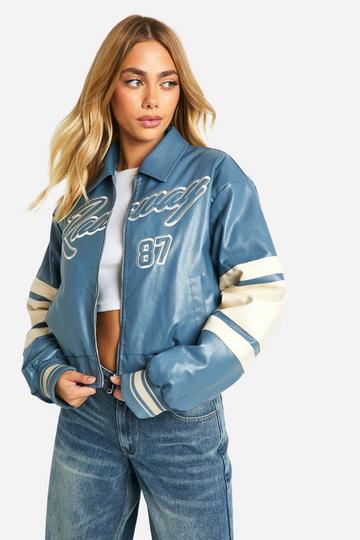 Contrast Moto Faux Leather Jacket blue