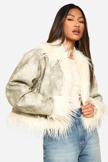 Vintage Look Faux Leather Faux Fur Trim Jacket grey