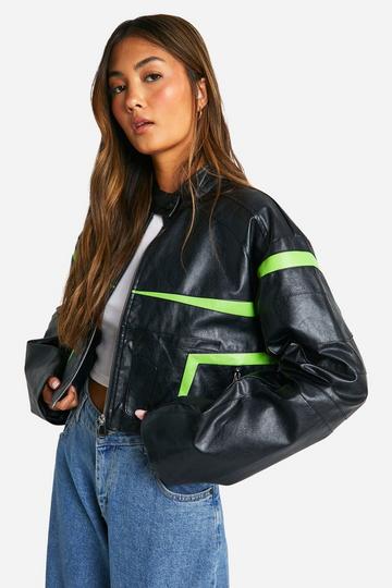 Contrast Moto Faux Leather Jacket black