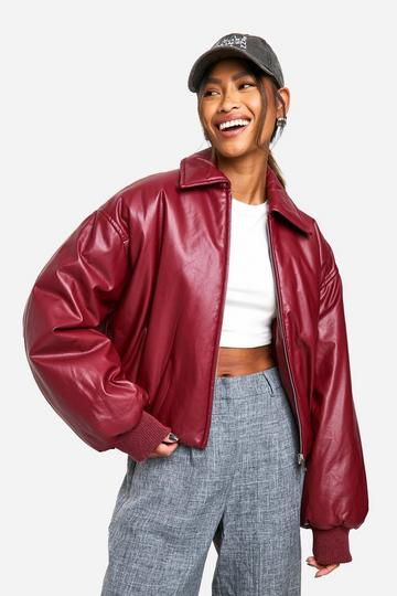 Padded Faux Leather Bomber Jacket wine