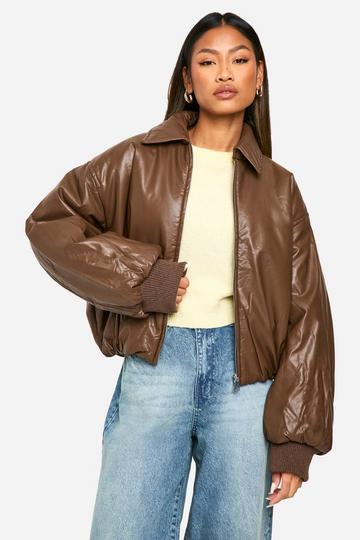 Padded Faux Leather Bomber Jacket mushroom