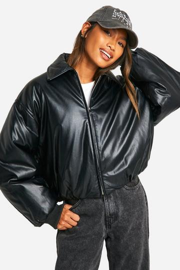 Padded Faux Leather Bomber Jacket black