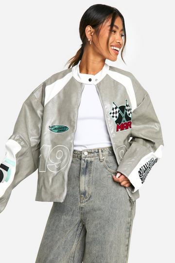 Vintage Look Embroidered Moto Jacket grey