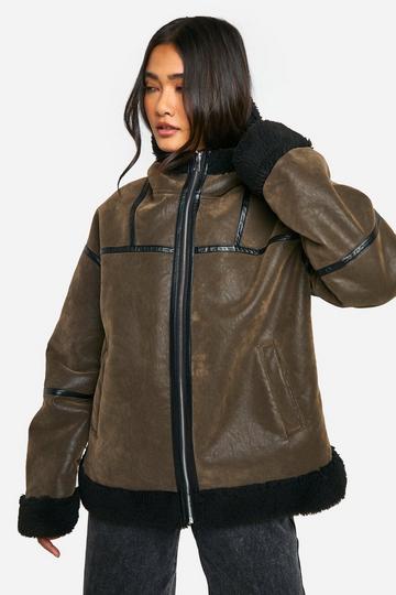 Brown Vintage Look Hooded Borg Aviator Jacket