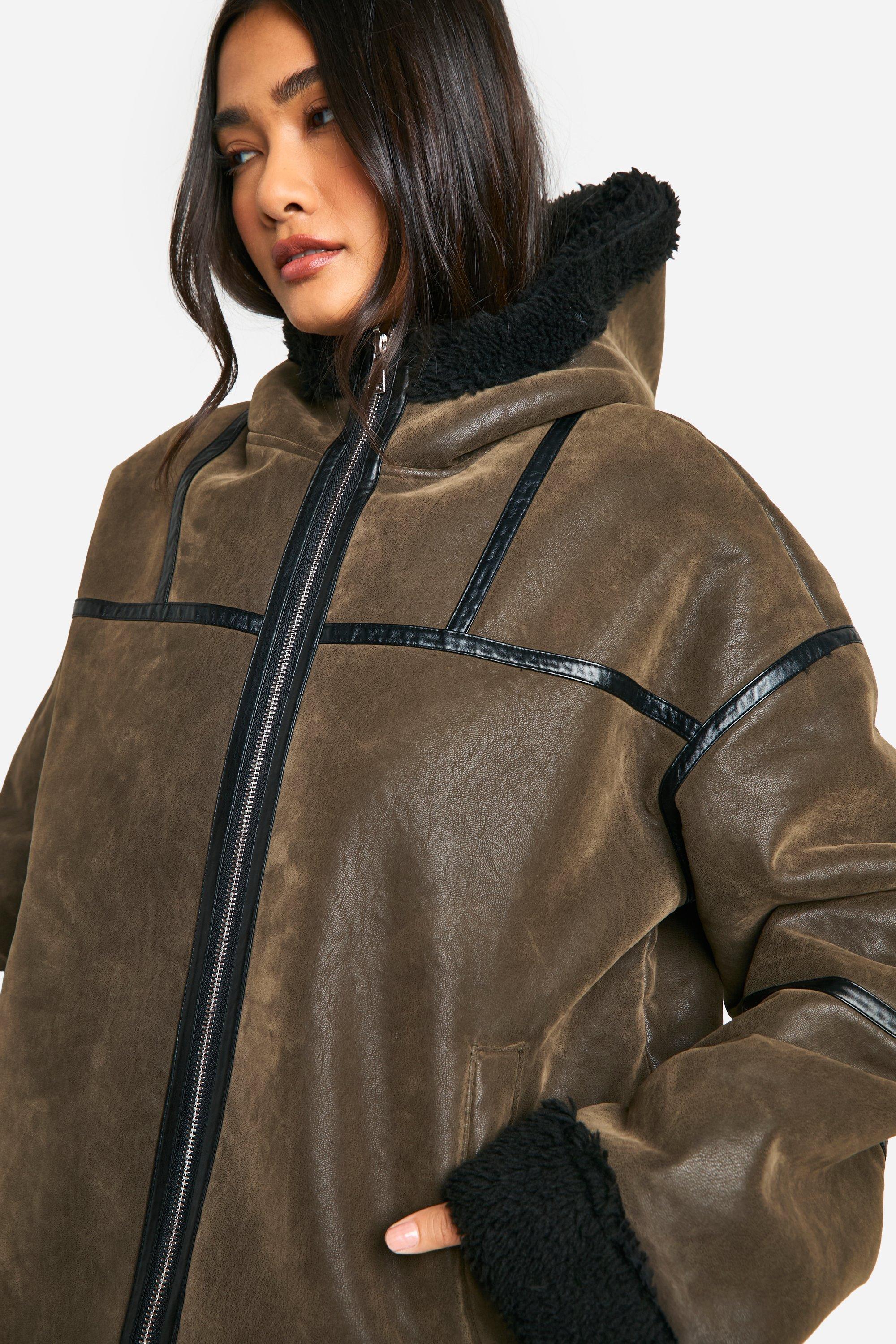 Vintage Look Hooded Borg Aviator Jacket boohoo