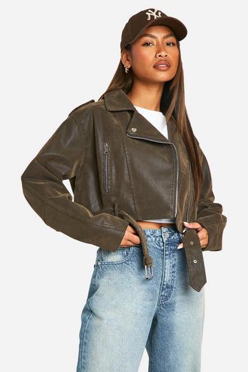 Brown Vintage Look Crop Biker Jacket