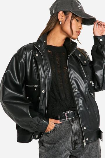 Zip Detail Faux Leather Bomber Jacket black