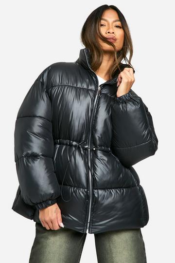 Black Synched Waist Puffer Jacket