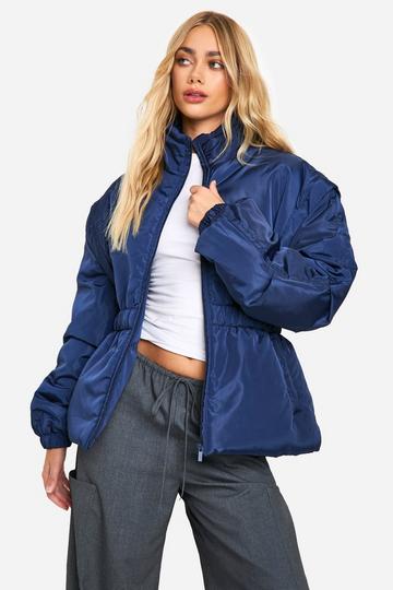 Gewatteerde Jas Met Geplooide Taille navy