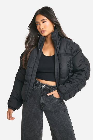 Black Ruched Detail Puffer Jacket