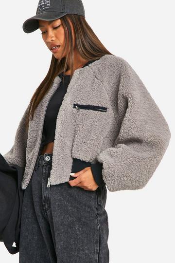 Contrast Rib Teddy Bomber Jacket grey