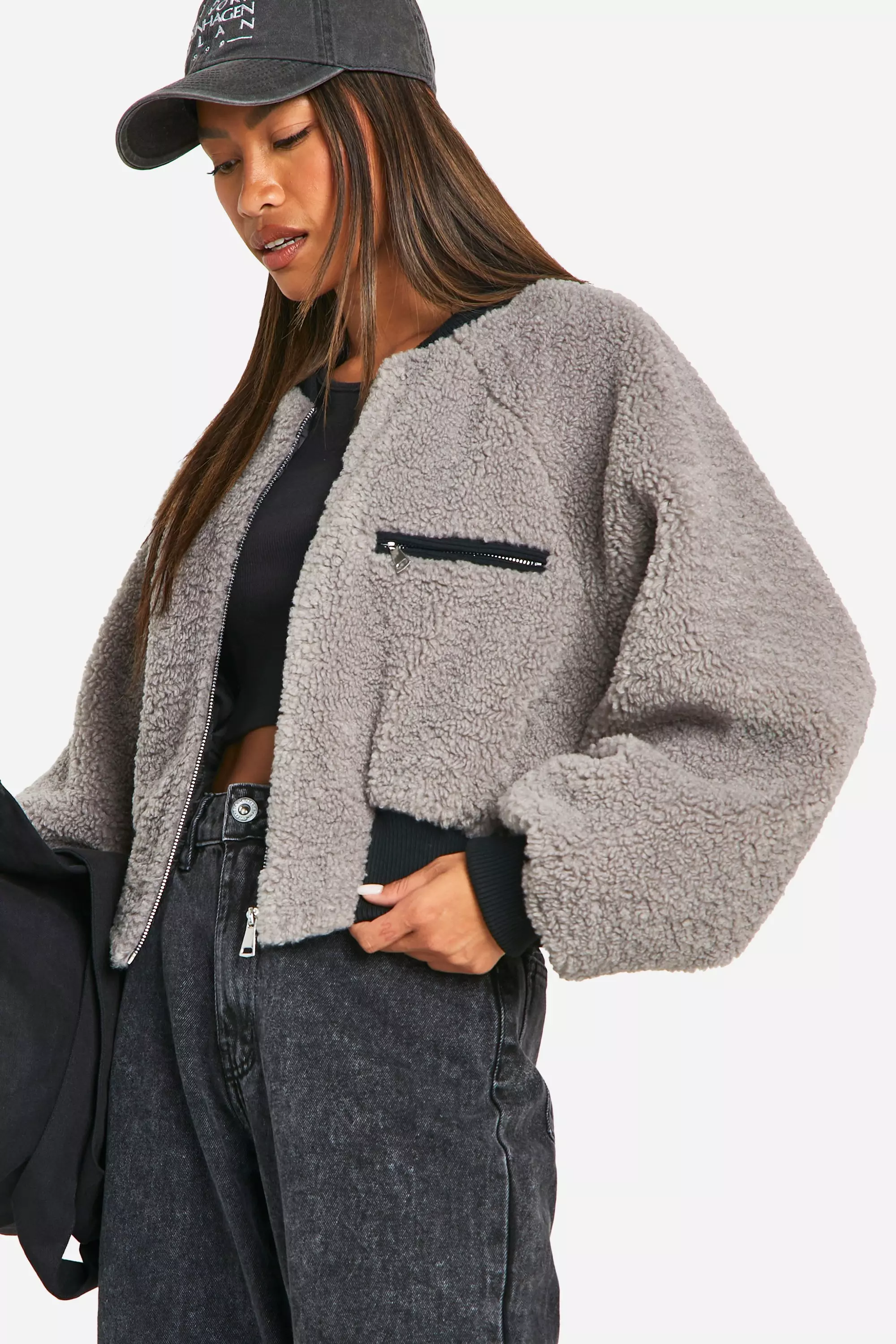 Contrast Rib Teddy Bomber Jacket