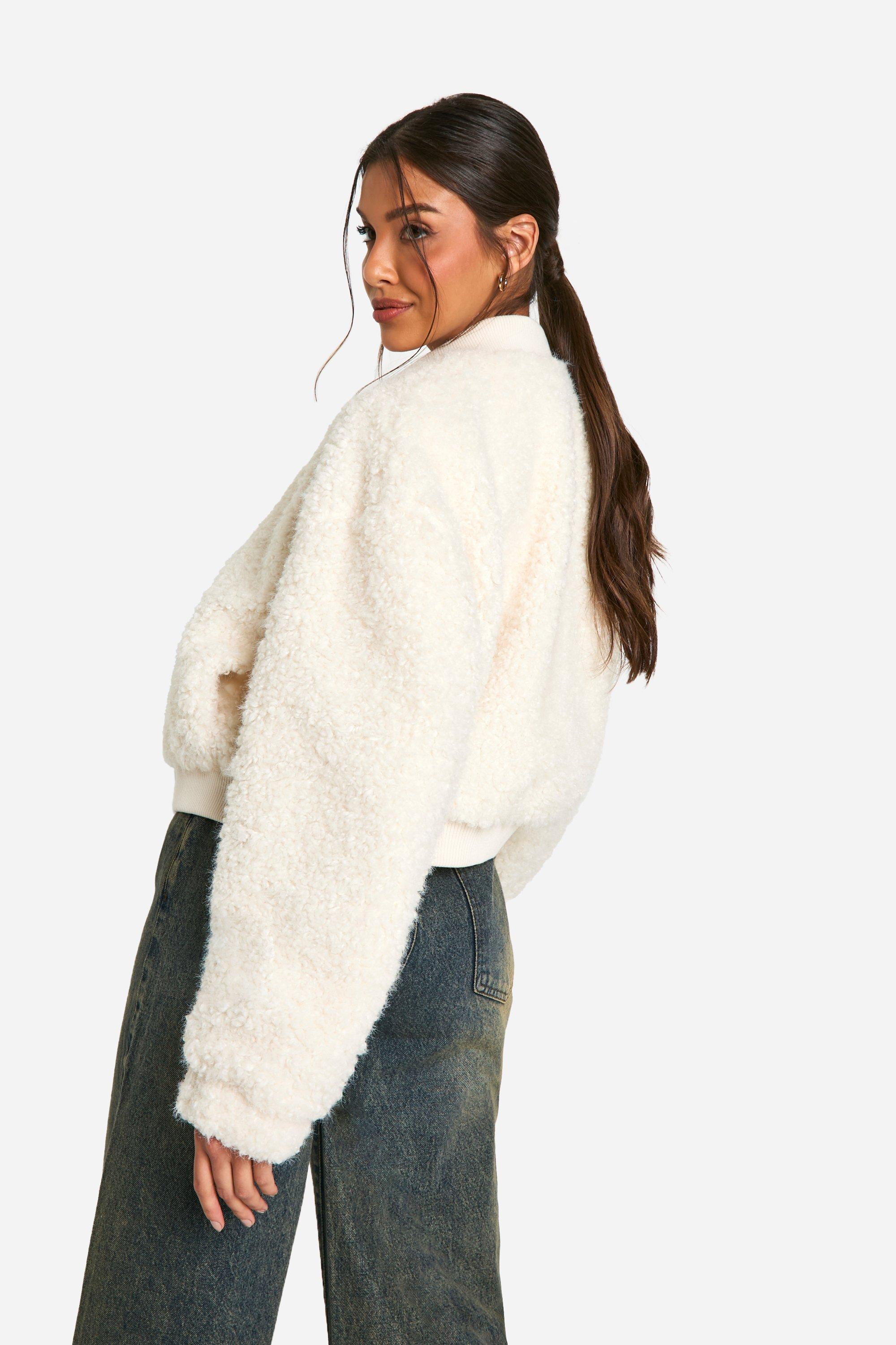 White faux fur bomber jacket sales