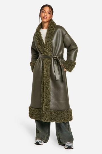 Teddy Trim Belted Faux Leather Coat khaki