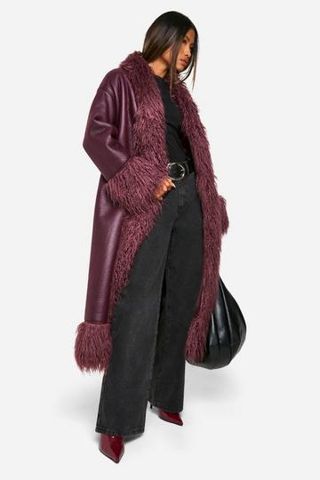 Faux Fur Trim Belted Coat wine