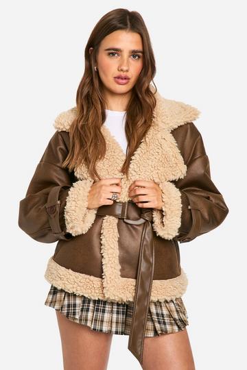 Belted Luxe Teddy Trim Jacket brown