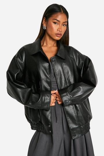 Teddy Lined Faux Leather Oversized Bomber Jacket black