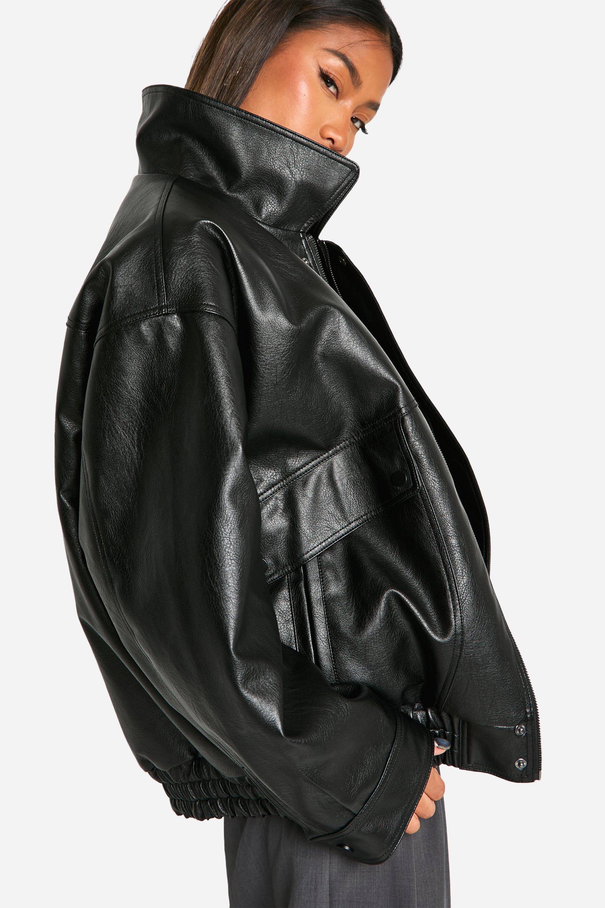 Teddy Lined Faux Leather Oversized Bomber Jacket