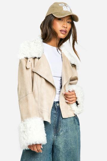 Teddy Faux Fur Trim Biker Jacket stone