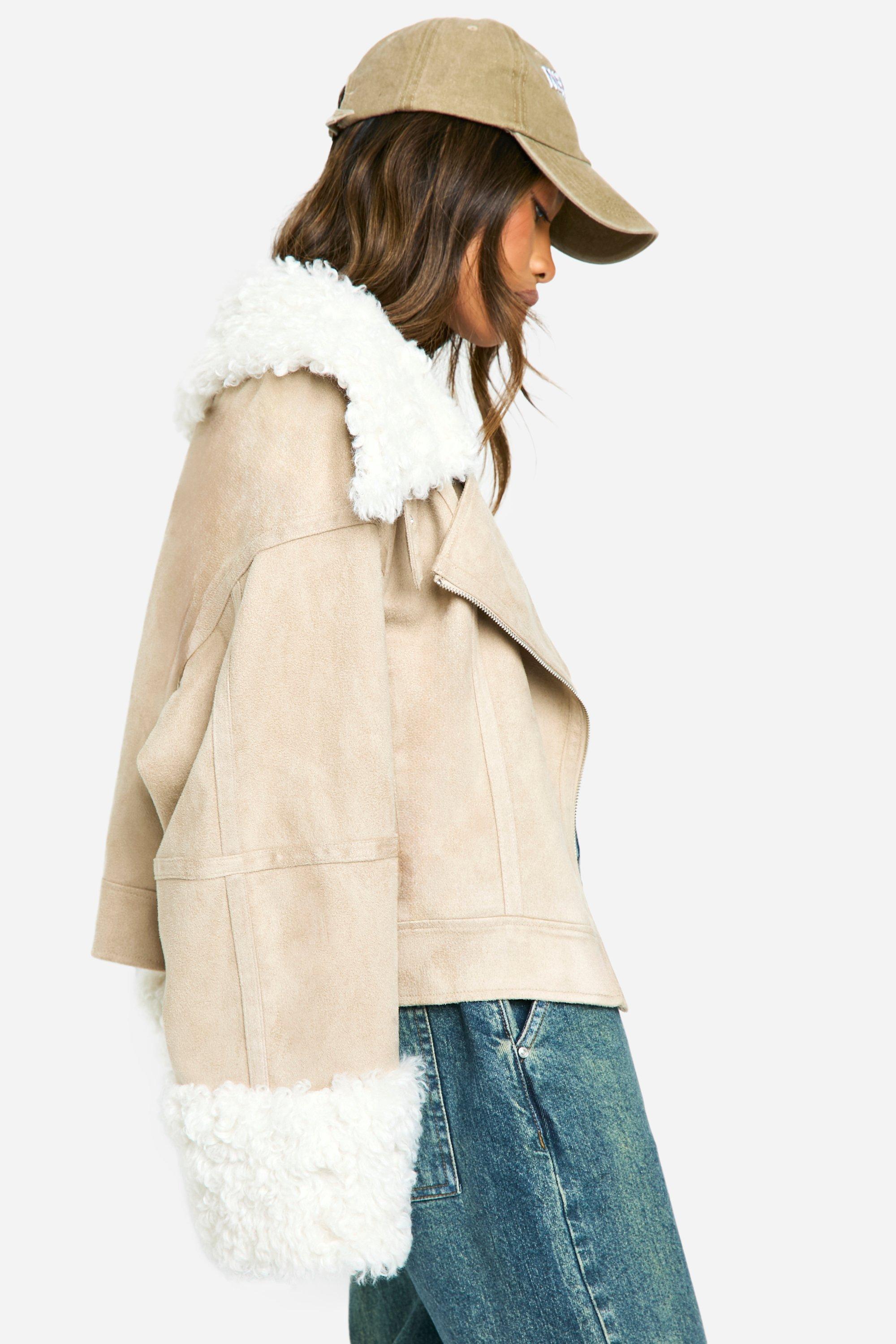 Teddy Faux Fur Trim Biker Jacket