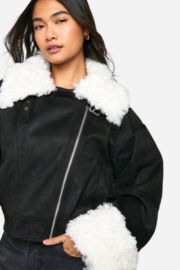 Black Teddy Faux Fur Trim Biker Jacket